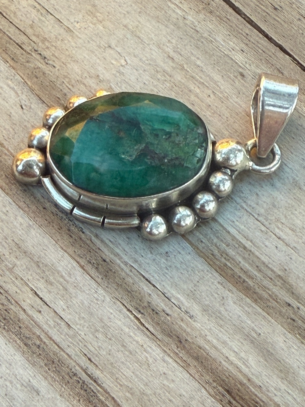 Sterling Silver Natural Emerald  Gemstone Pendant -